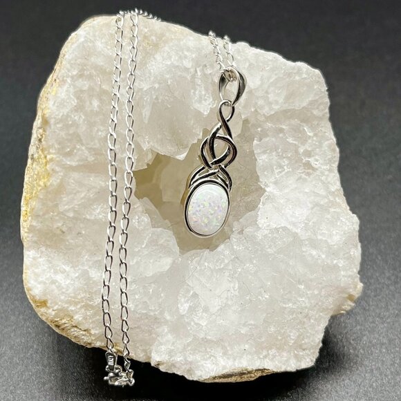 White Opal Celtic Twist Necklace Sterling Silver - Picture 1 of 6